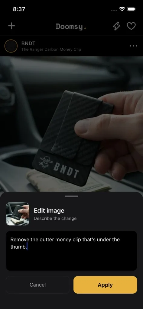 Editing a generated image in Doomsy with a plain-English prompt