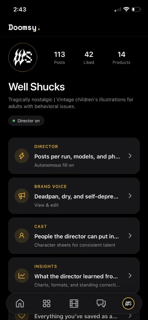 Doomsy Settings — Director, Brand Voice, Cast, and Insights